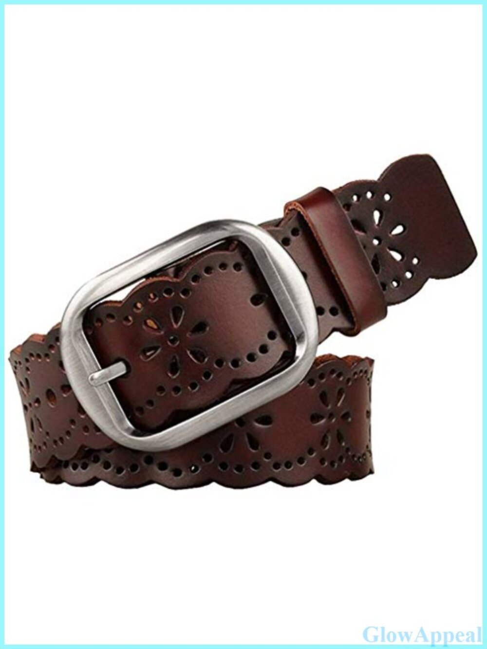 Genuine Leather Wide Belt Hollow Flower Buckle for Jeans Pants